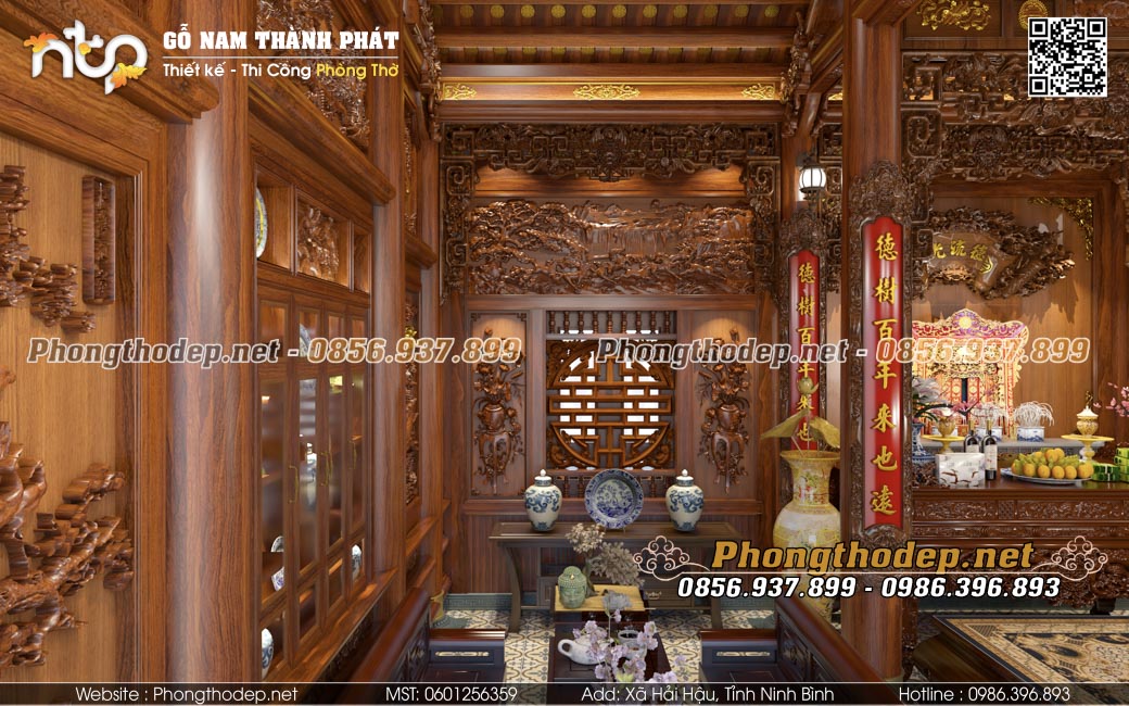 Bộ trường kỷ gỗ gụ trong phòng thờ nhà gỗ 3 gian